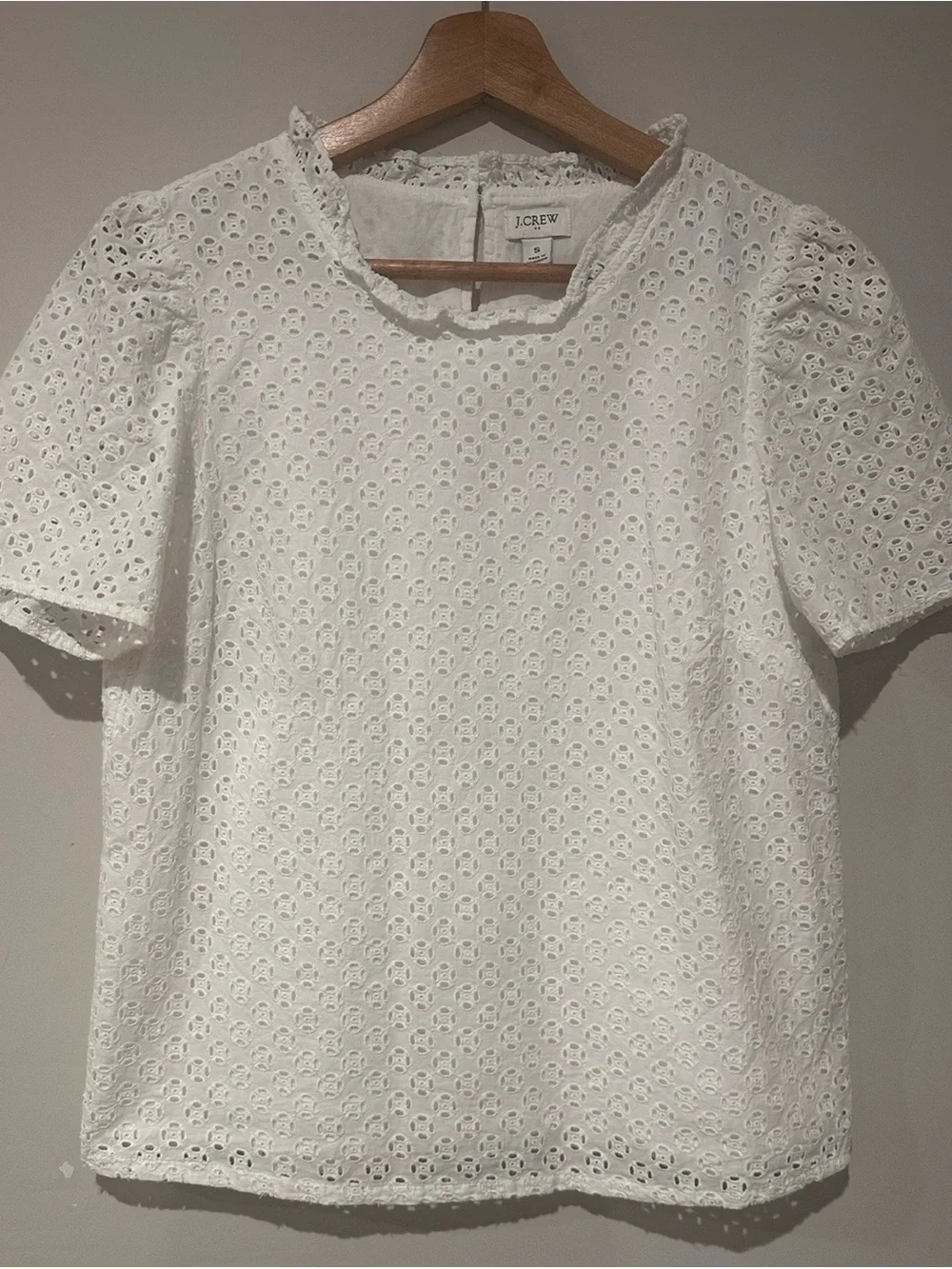 J. Crew White Eyelet Short Sleeve Top with Scalloped Neck